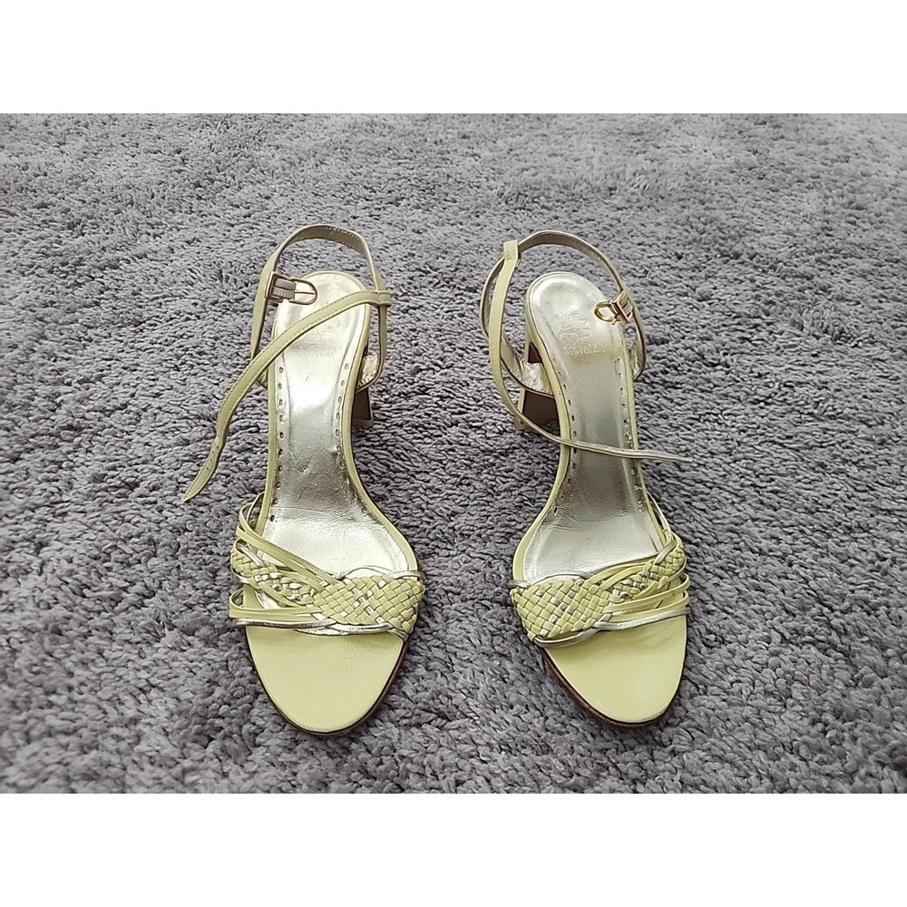 Barneys New York Sandals Women's 5.5 Pale Yellow Woven Ankle Strap Block Heel